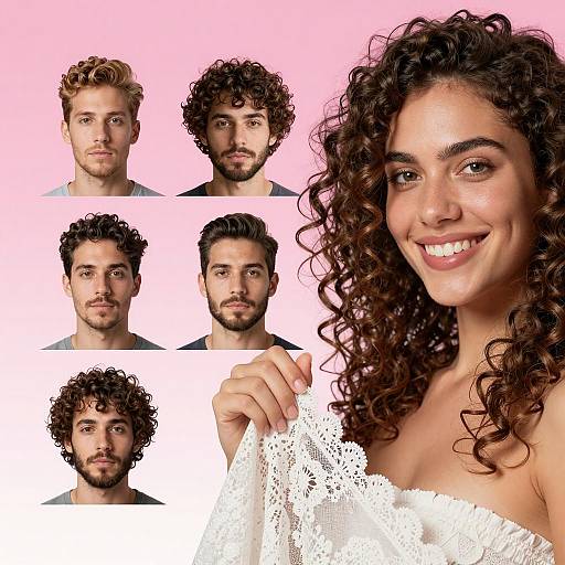 Curly-Haired Woman and Portraits Collage