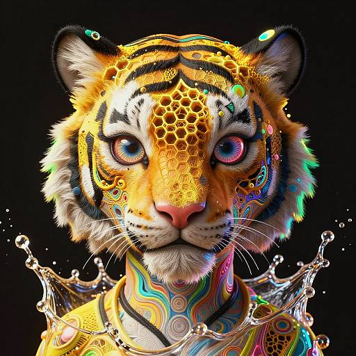 Digital art of a vibrant, neon-colored tiger with colorful patterns on its face and neck, surrounded by splashing water droplets against a black background.