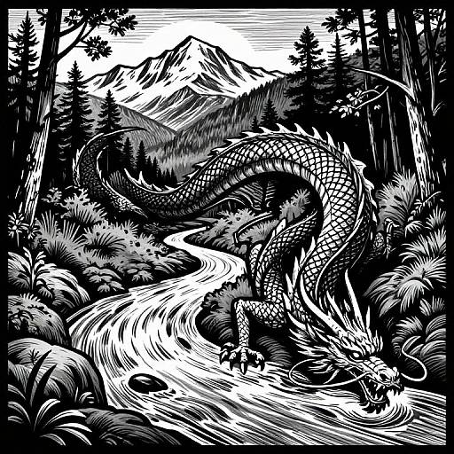 Black-and-white woodcut-style illustration of a dragon with scales and wings, lounging by a winding river in a dense forest with towering pine trees and
