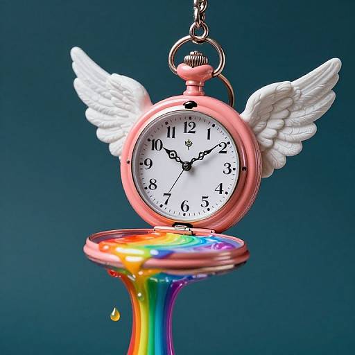 Digital artwork of a pink pocket watch with white angel wings, hanging above a rainbow-colored, dripping surface against a dark blue background.