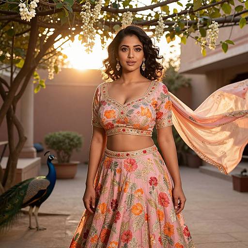 Photograph of a beautiful South Asian woman with dark curly hair, wearing a floral pink lehenga with gold embroidery, standing in a sunlit courtyard with