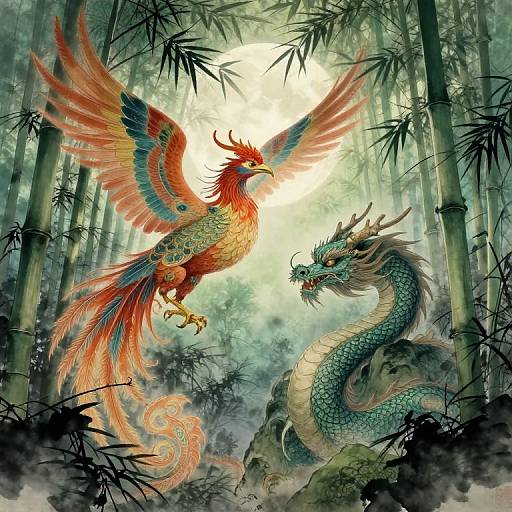 Digital fantasy artwork of a vibrant phoenix with red and orange feathers facing a turquoise, serpentine dragon in a misty bamboo forest.
