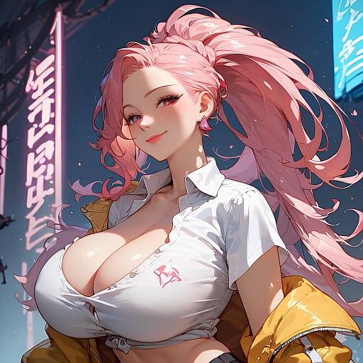 Digital anime-style drawing of a pink-haired woman with large breasts, wearing a tight white shirt, yellow jacket, and confident smile, against a neon-l