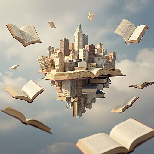 Digital art: Floating cityscape of skyscrapers made from open books, surrounded by flying open books against a bright blue sky with clouds.