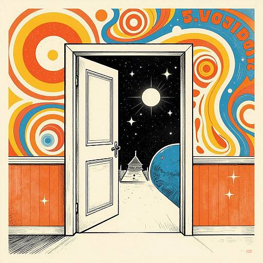 Vibrant, psychedelic drawing of an open door leading to a starry night sky with a full moon, planet, and Eiffel Tower.
