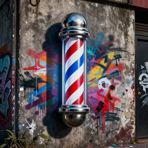 Photograph of a shiny, red and white barber pole mounted on a graffiti-covered concrete wall, surrounded by vibrant, colorful street art.