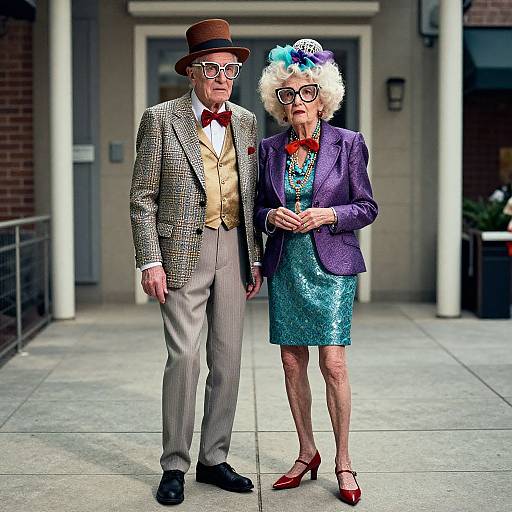 Photograph of elderly couple in vintage attire: man in checkered suit, bow tie, and hat; woman in purple blazer, blue dress,