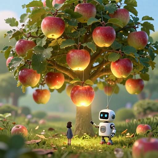 Photorealistic CGI of a small robot and girl gazing at glowing apples hanging from a tree in a sunlit orchard.