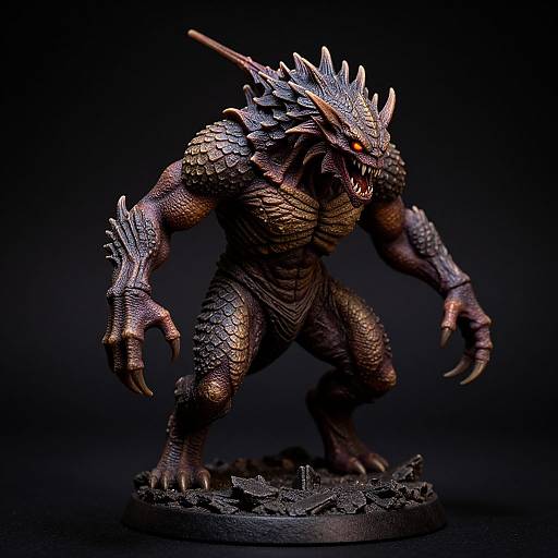 Photograph of a detailed, dark-scaled, dragon-like monster figurine with sharp claws, horns, and red eyes, standing on a rocky base
