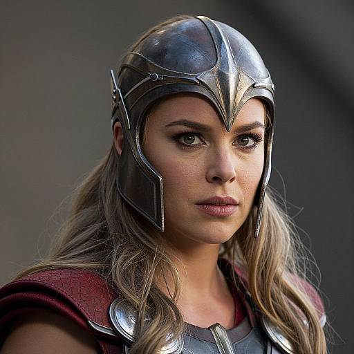 Photograph of a determined woman with long brown hair, wearing a silver metallic helmet and dark red armor, gazing intently.