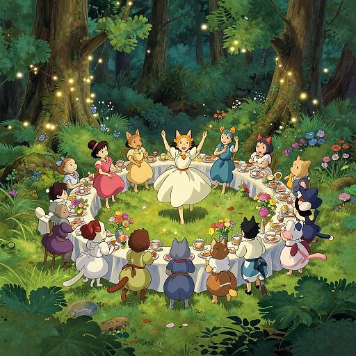 Whimsical forest picnic of colorful anime-style girls and animals, with fairy lights, flowers, and a white-dressed central character leading a toast.
