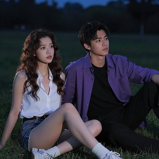 Couple in a Moonlit Grassy Field
