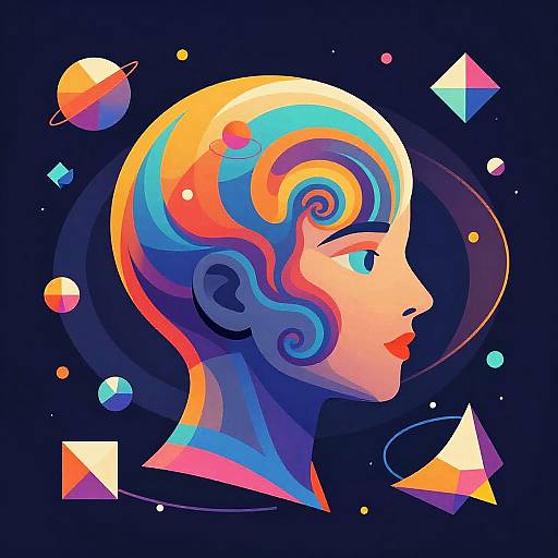 Digital art of a neon-colored, bald woman with swirling blue, orange, and pink patterns on her head, set against a dark space background with planets