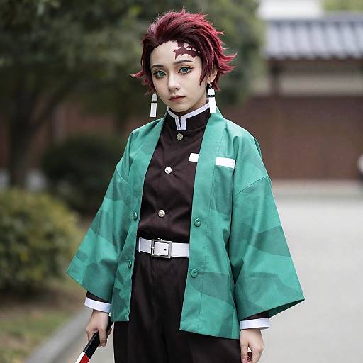 Digital anime-style photograph of a young woman with red hair, green jacket, black shirt, and white belt, standing outdoors. She holds a black object