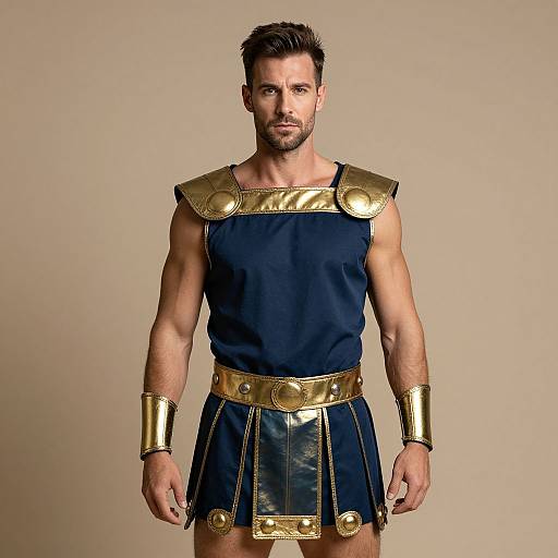 Photograph of a muscular, bearded man in a black and gold ancient Roman-style armor, with a stern expression, against a plain beige background.