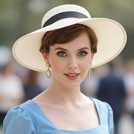 Photograph of a fair-skinned woman with short brown hair, blue eyes, wearing a white sunhat, blue dress, and gold drop earrings,