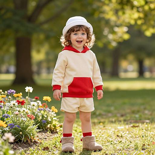 Photograph of a joyful young boy with curly brown hair, wearing a white and red winter outfit, white hat, and beige boots, standing in a