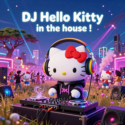 Digital illustration of Hello Kitty in large headphones, DJing with a turntable in a neon-lit, vibrant city park, text reads 