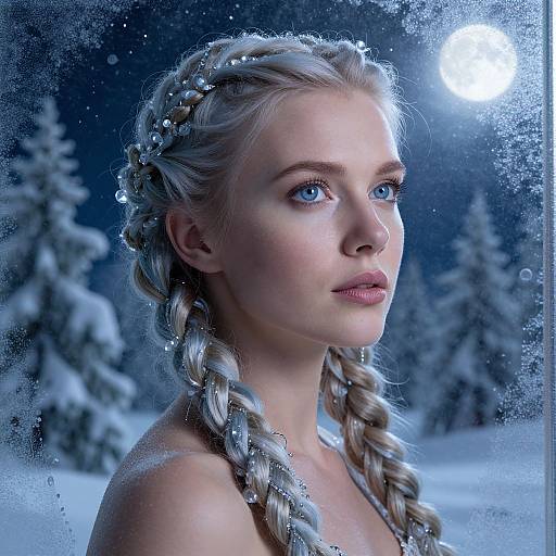 Digital portrait of a fair-skinned, blue-eyed woman with braided silver hair, adorned with pearls, in a snowy, moonlit forest.
