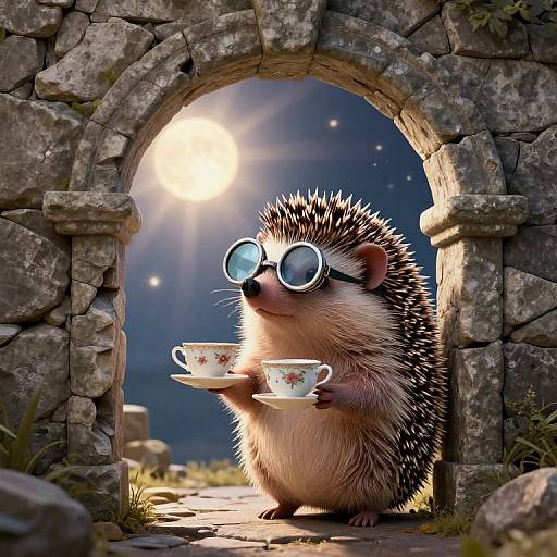 Photorealistic CGI of a cute, bespectacled hedgehog holding teacups through a sunlit stone archway, with a starry