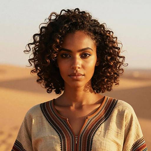 Photograph of a beautiful Black woman with curly hair, wearing a beige, embroidered top, standing in a sunlit desert landscape.