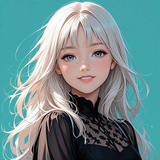 Digital anime-style portrait of a cute, white-haired woman with blue eyes, wearing a black lace top, against a bright blue background.