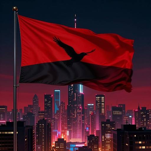 Photograph of a red flag with a black silhouette eagle flying over a vibrant, neon-lit city skyline at dusk.