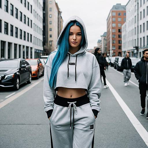 Young Woman in Grey Streetwear with Blue Hair
