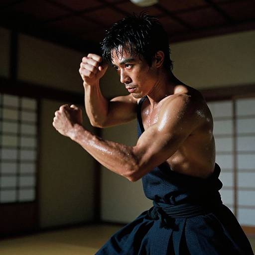 Photograph of a muscular, shirtless Asian man with wet black hair, wearing a dark hakama, in a traditional Japanese room, preparing for a