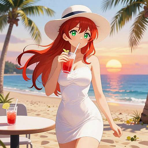 Sunset Sips: Red-Haired Beach Muse