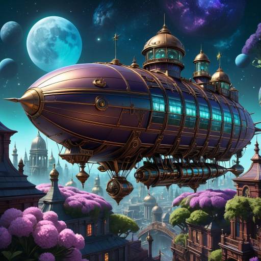 Steampunk Airship Flying Over Futuristic City