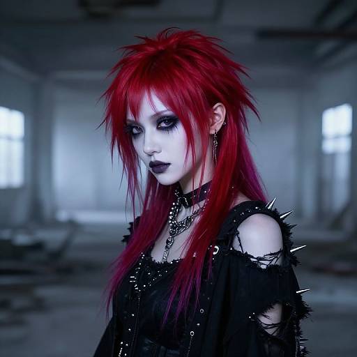 Gothic woman with vivid red spiky hair, black makeup, and spiked black top, in a dimly lit, abandoned building. Digital art