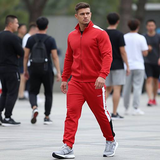 Muscular Man in Red Tracksuit Outdoors