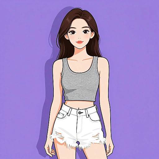 Digital anime-style drawing of a young woman with long brown hair, wearing a gray tank top and white high-waisted shorts, against a solid purple