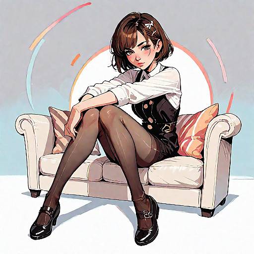Brown-Haired Girl Sitting on Sofa