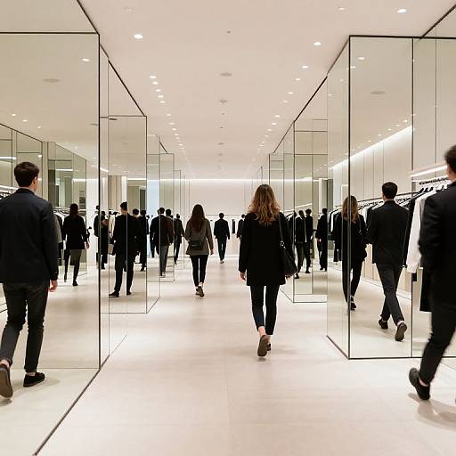 Photograph of a modern, brightly lit showroom with glass walls, showcasing a crowd of men and women in black business attire walking down a white-tiled