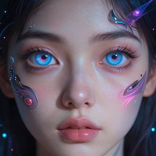 Close-up digital artwork of a young woman with glowing blue eyes, neon face markings, and glossy pink lips, set against a dark background with subtle,