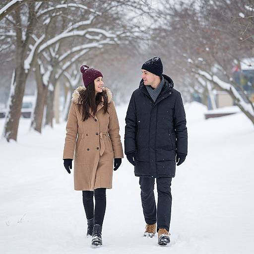 Photograph of a smiling couple walking in a snowy park, dressed in winter coats, hats, and gloves, with bare trees in the background.