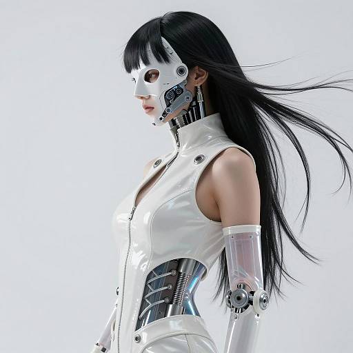 Cyberpunk Female Android in White Glossy Outfit