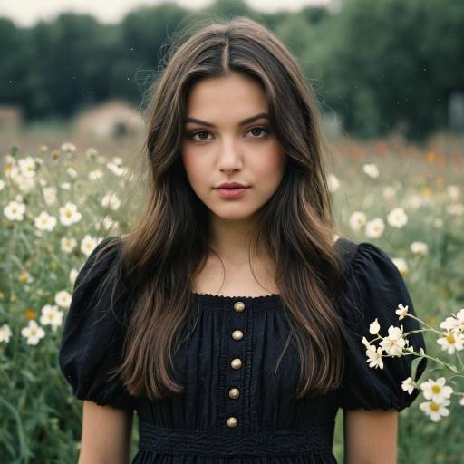 Young Woman in Black Peasant Dress in Flower Field