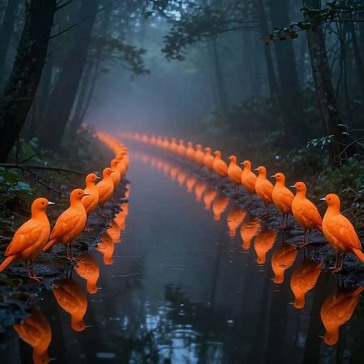 Misty Forest Path with Luminous Birds