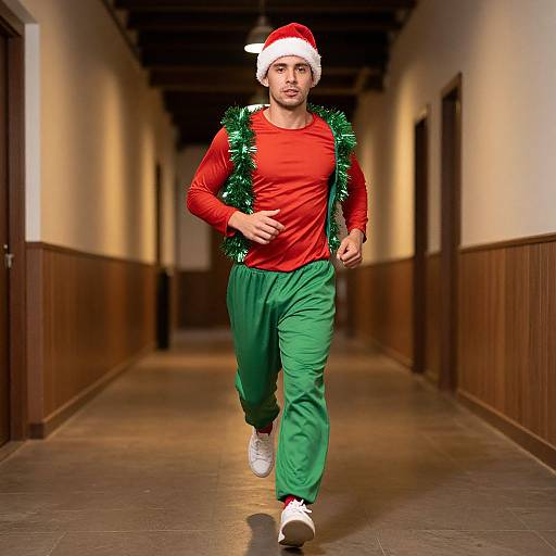 Photograph of a man in a red shirt, green pants, Santa hat, and tinsel, jogging down a dimly lit hallway.