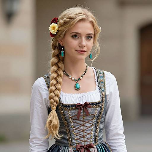 Photograph of a blonde woman with a braided hairstyle, wearing a Renaissance-style dress, white blouse, teal teardrop earrings, and necklace,