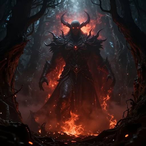 Digital fantasy artwork of a dark, horned demon with fiery red eyes, surrounded by flames and smoke in a dark, twisted forest.