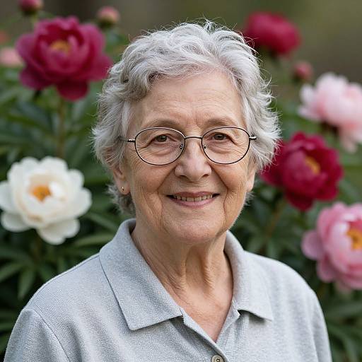Radiant Elderly Woman with Peonies
