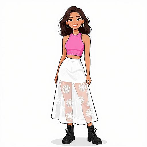 Digital illustration of a smiling woman with medium brown skin, wavy black hair, wearing a pink sleeveless top, white floral pants, and black boots