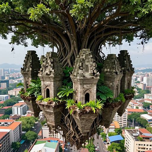 Digital artwork of a fantasy treehouse with ancient stone towers, lush greenery, and intricate roots, floating above a vibrant cityscape.