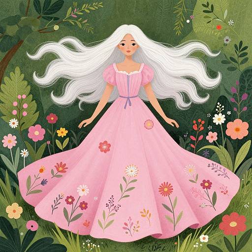 Digital illustration of a fair-skinned woman with long white hair in a pink floral dress, standing in a lush, colorful forest filled with various flowers.