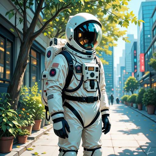 Astronaut in City Scenery with Backpack