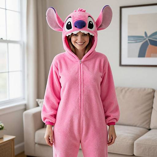 Photograph of a smiling woman in a pink plush Stitch costume with large ears and a blue nose, standing in a bright living room with a beige couch
